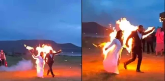 Ardiente entrada nupcial; novios llegan envueltos en llamas y encienden las redes