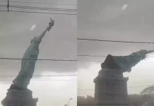 Colapsa Estatua de la Libertad tras fuertes vientos y el momento queda captado en VIDEO